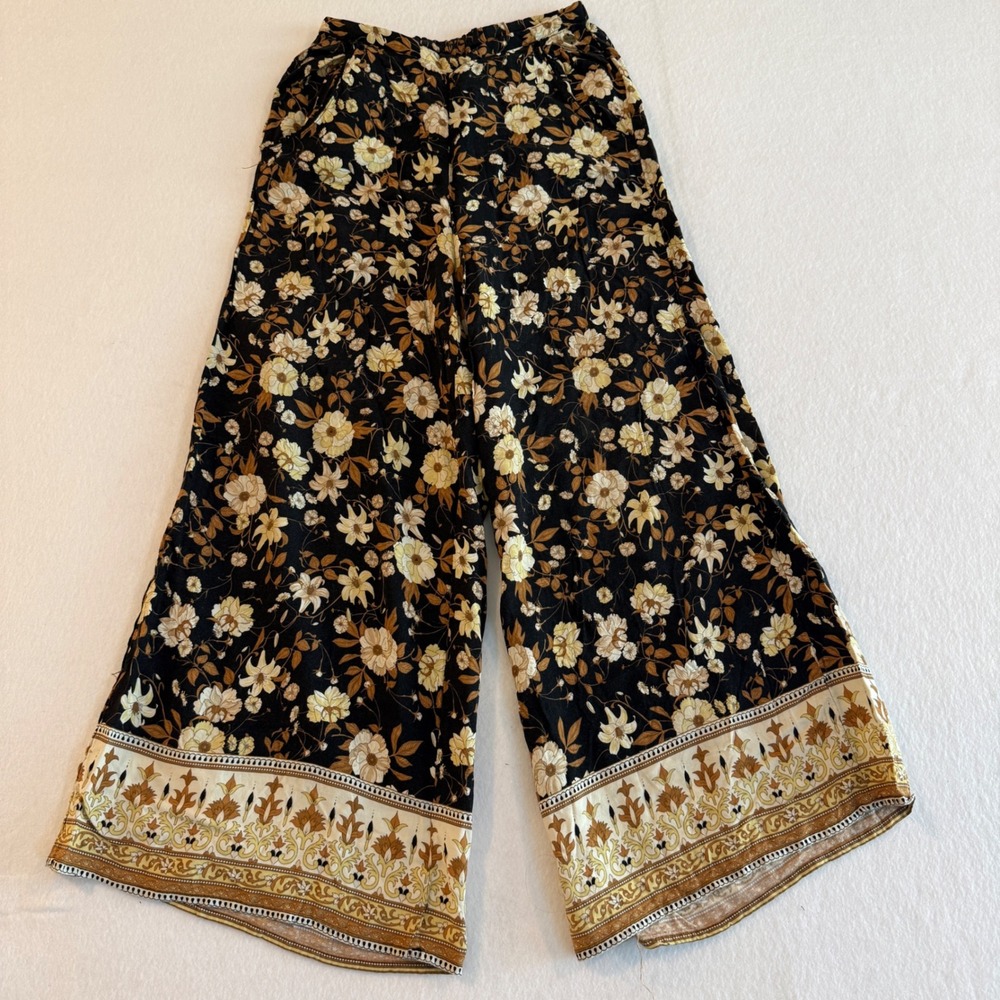 Rip Curl Wide Leg Floral Pants Women XS Black Tan Gold Boho Border Print‎